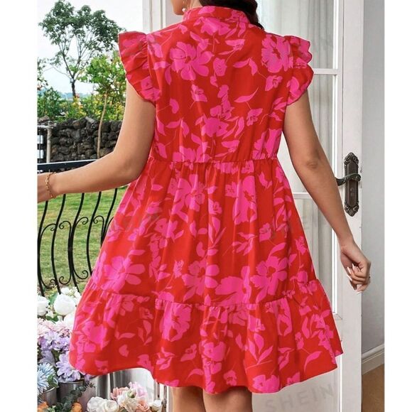 NEW SHEIN VCAY Plus Floral Print Notched Neck Ruffled Hem Sundress 18/3XL PINK - Picture 6 of 11